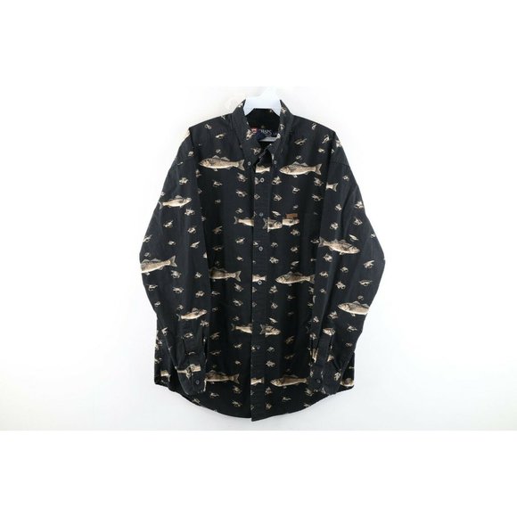 Vintage 90s Chaps Ralph Lauren Mens Large Fish All Over Print Button Shirt Black - Picture 1 of 9